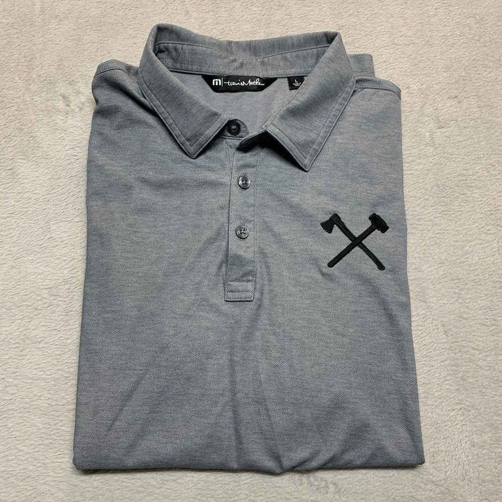 Travis Mathew Polo Shirt Mens L Gray Short‎ Sleeve Lumberjack Axe Man